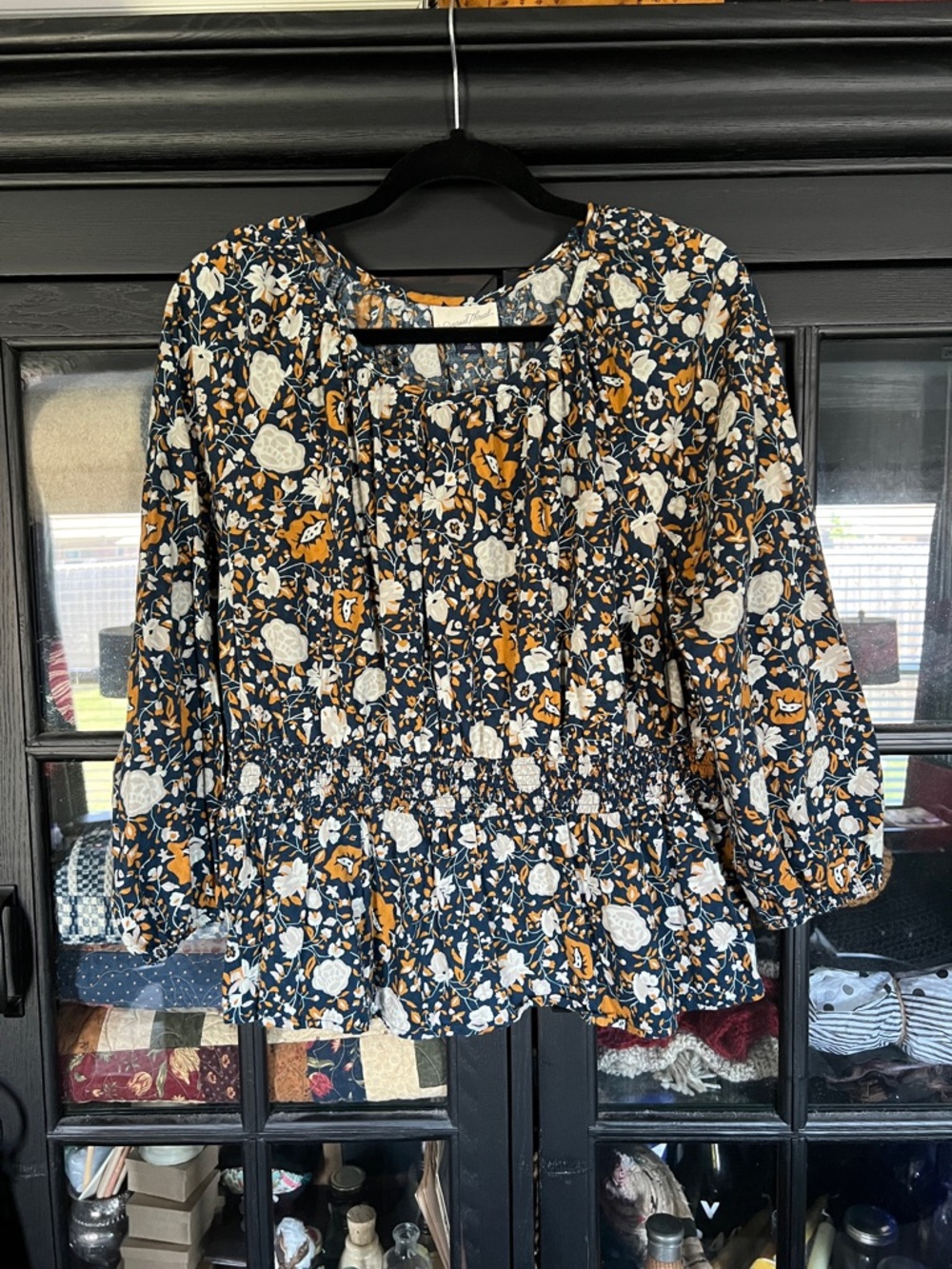 Universal Thread Women's Floral Smocked Peplum Blouse - Navy and Mustard